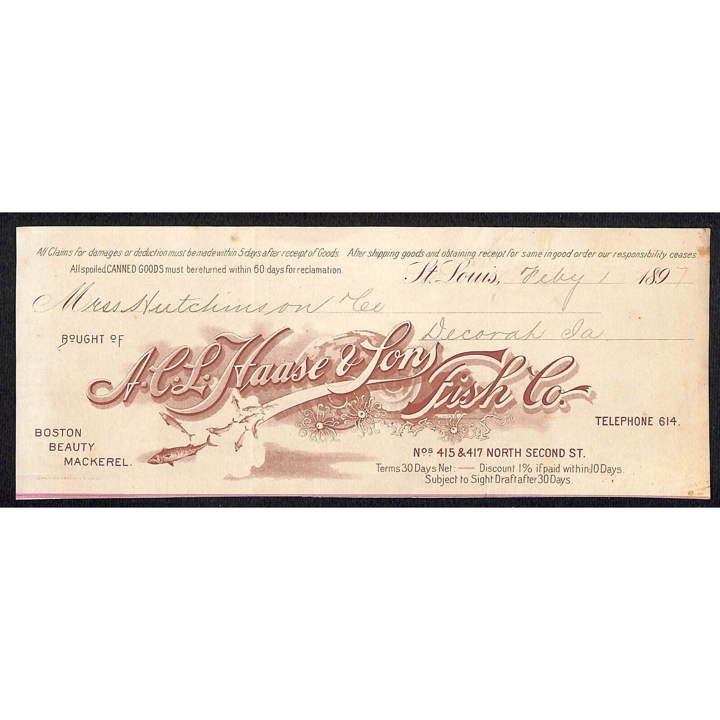 A.C.L. Hasse & Sons Fish Co. St. Louis Hutchinson Decorah IA** Cut 1897 Billhead