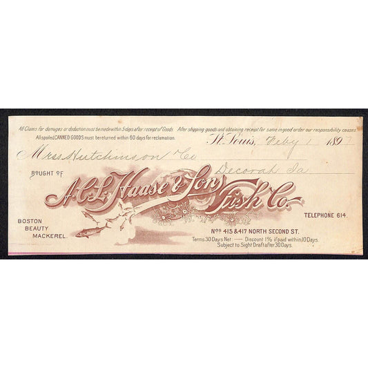 A.C.L. Hasse & Sons Fish Co. St. Louis Hutchinson Decorah IA** Cut 1897 Billhead