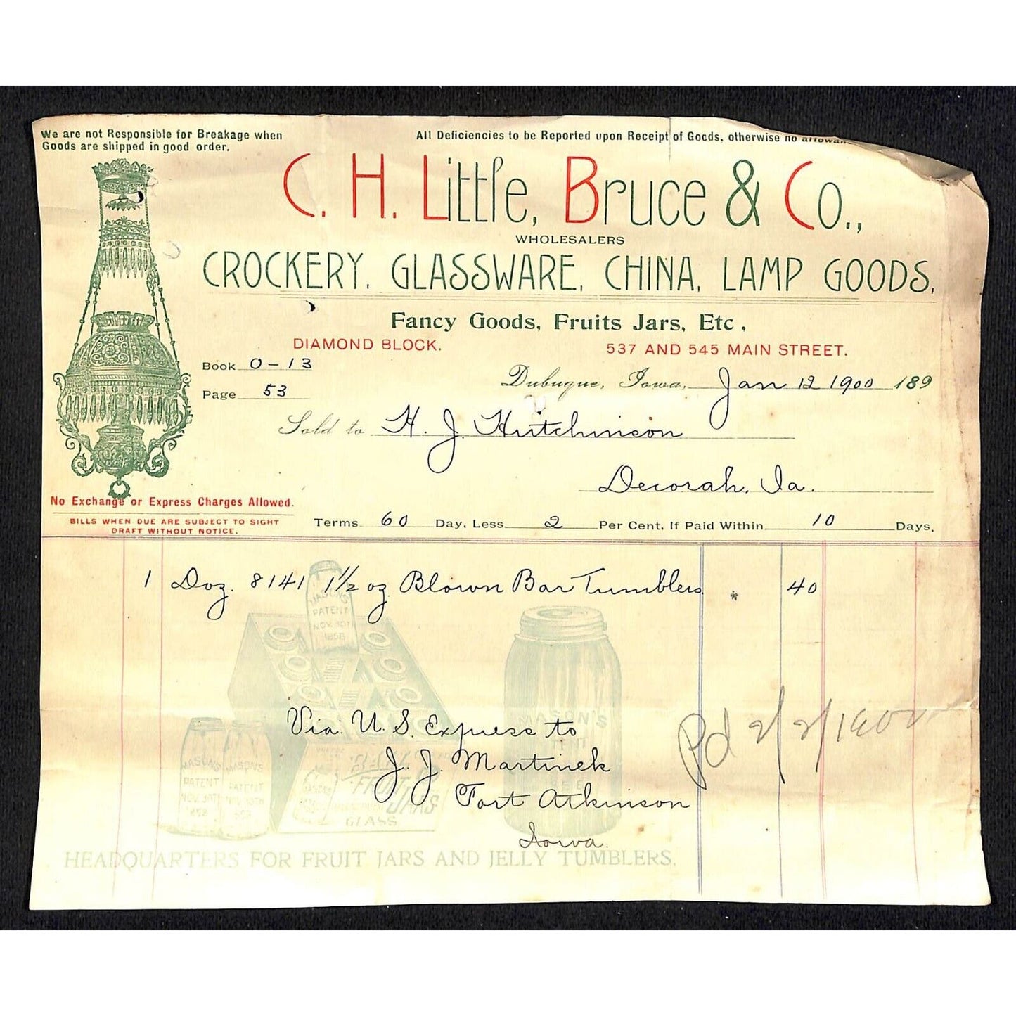 C.H. Little, Bruce & Co. Dubuque Crockery Hutchinson* 1900 Billhead Vignette