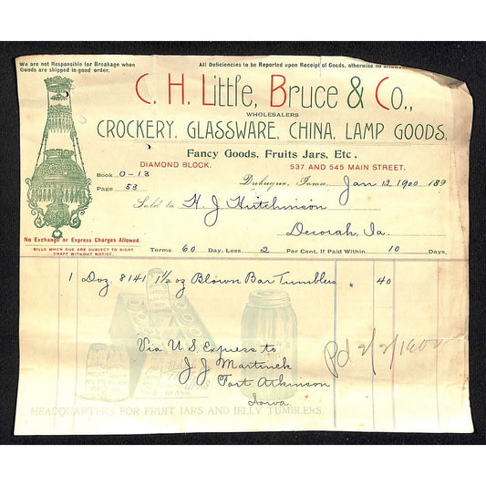 C.H. Little, Bruce & Co. Dubuque Crockery Hutchinson* 1900 Billhead Vignette