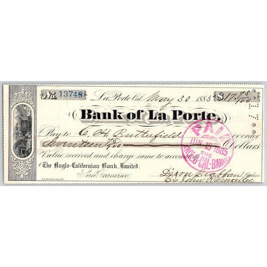 Bank of La Porte Check Charles H. Butterfield 1885 Mining Vignette #13748