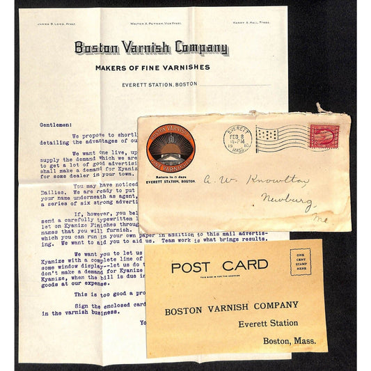 Boston Varnish Co. 1910 Letterhead, Card & Color Advertising Cover Scarce VGC