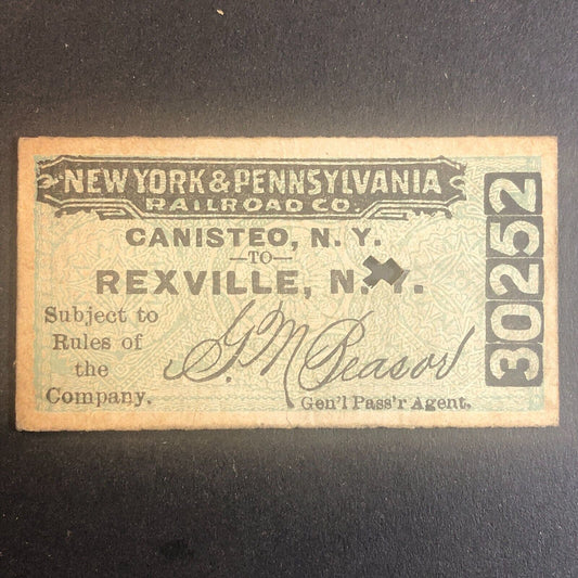 New York & Pennsylvania Railroad July 21 1917 Rexville, NY Ticket #30252