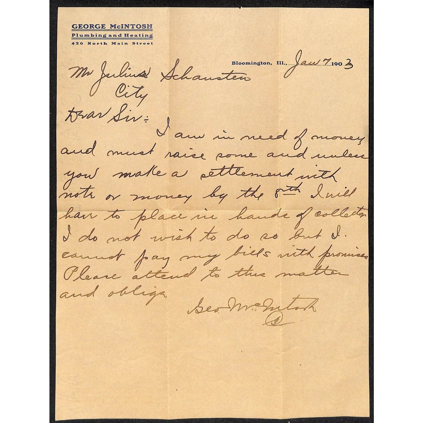 George Mcintosh Plumbing Heating Bloomington. IL 1903 ALS Letterhead re" Need $$