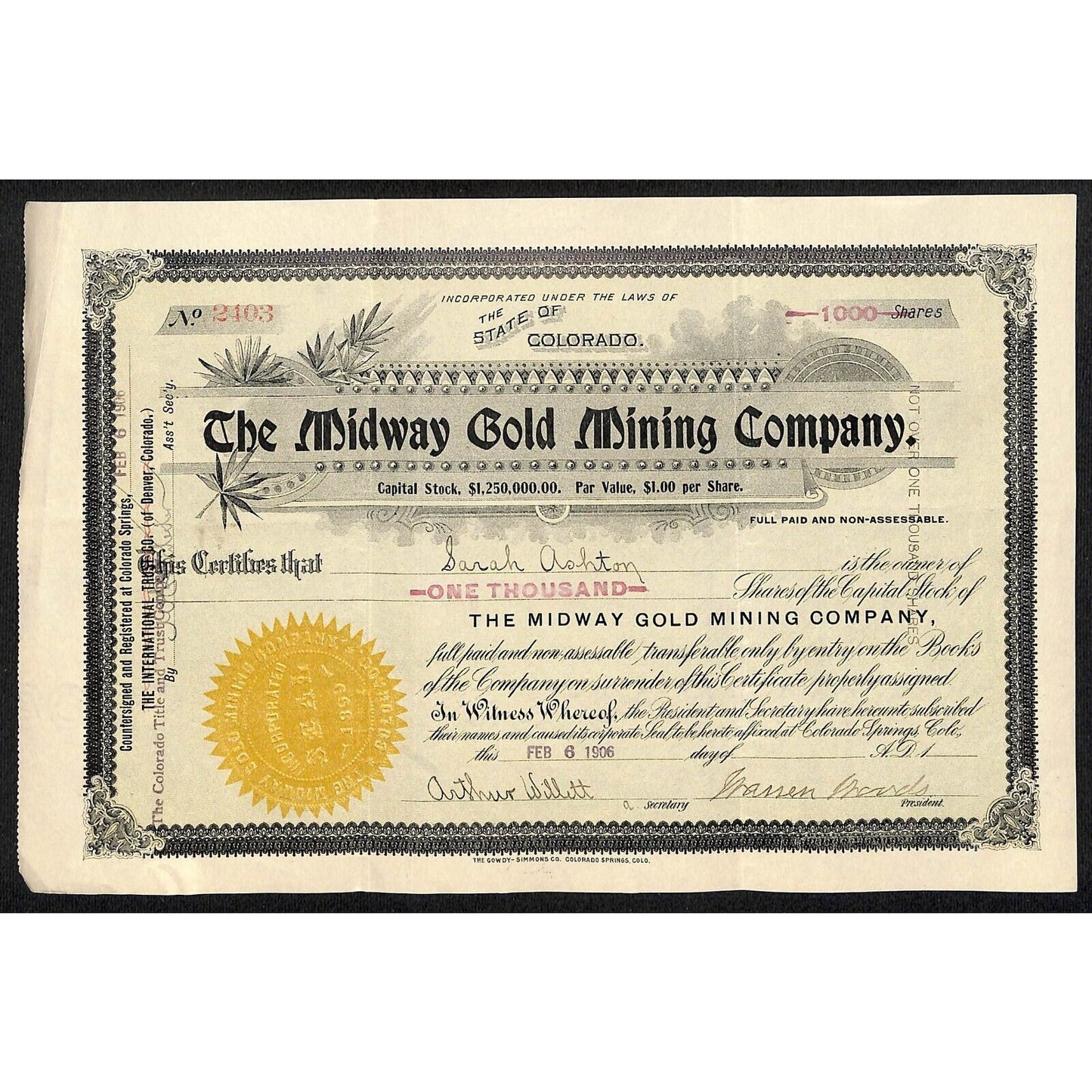 Midway Gold Mining Co. 1906 Stock Certificate w/ Warren Woods Sig. #2403