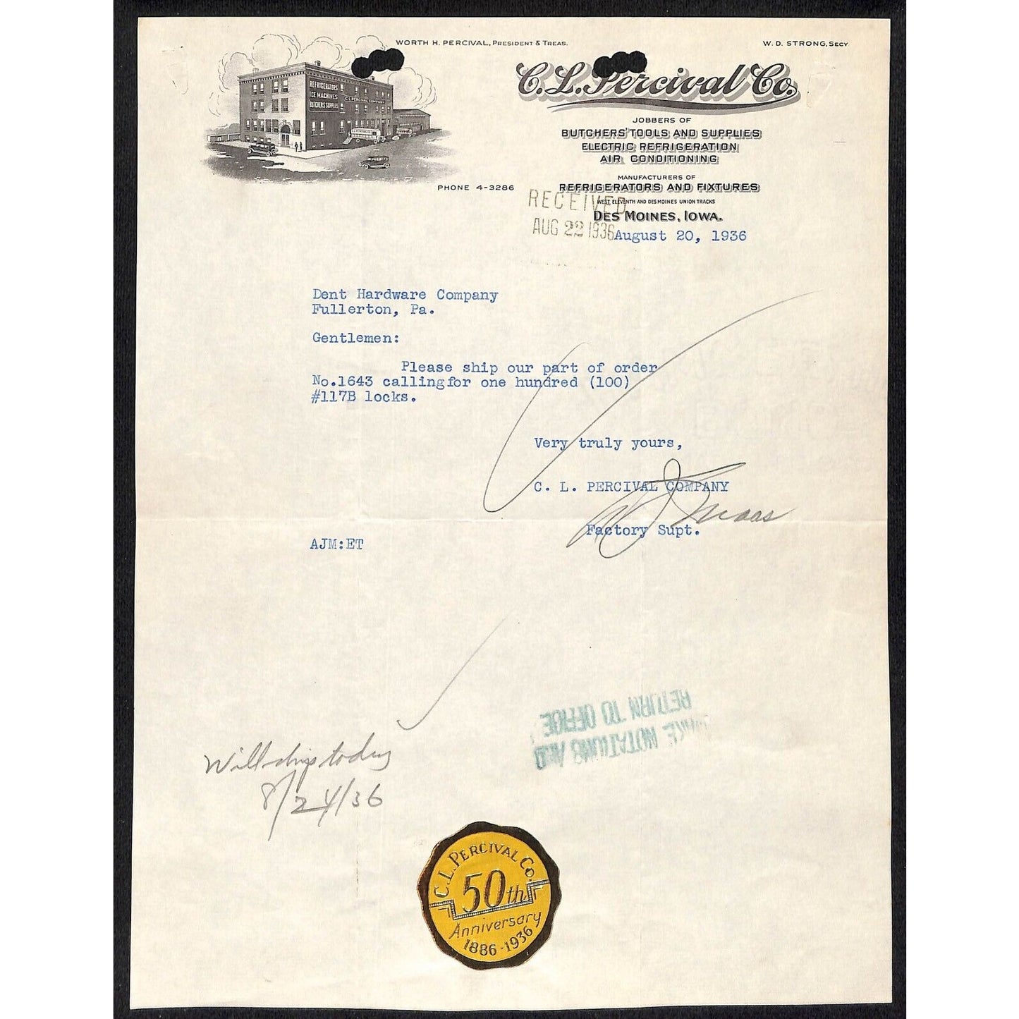 C.L. Percival Co. Des Moines, Iowa Butchering Tools 1936 TLS Letterhead