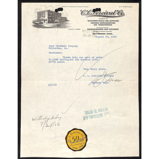 C.L. Percival Co. Des Moines, Iowa Butchering Tools 1936 TLS Letterhead