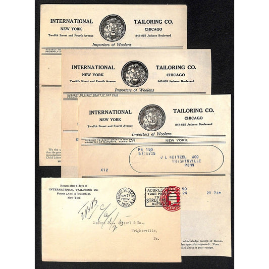 International tailoring Co. 12th St. & Fourth Ave NYC 1925 4 Billheads + Cover