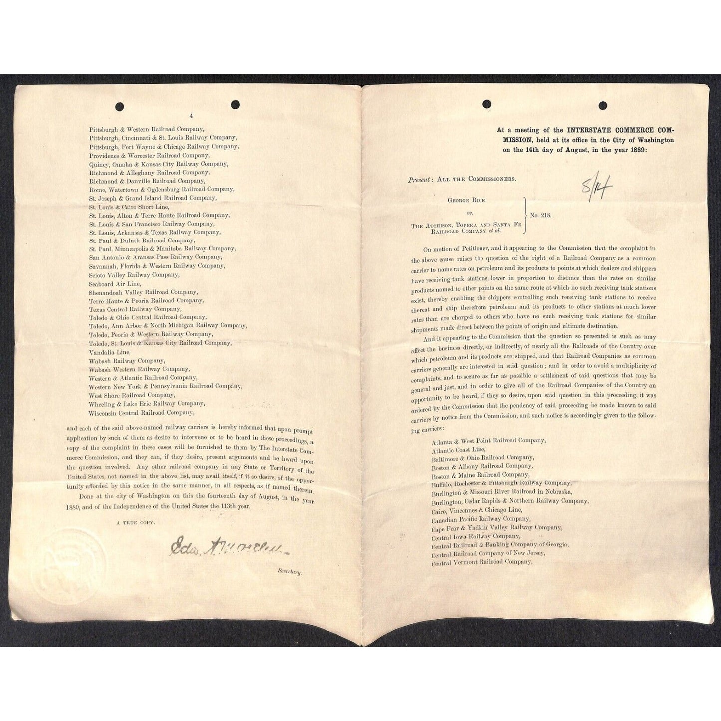 1889 George Rice vs. AT&SF & Others Case re: Tank Stations