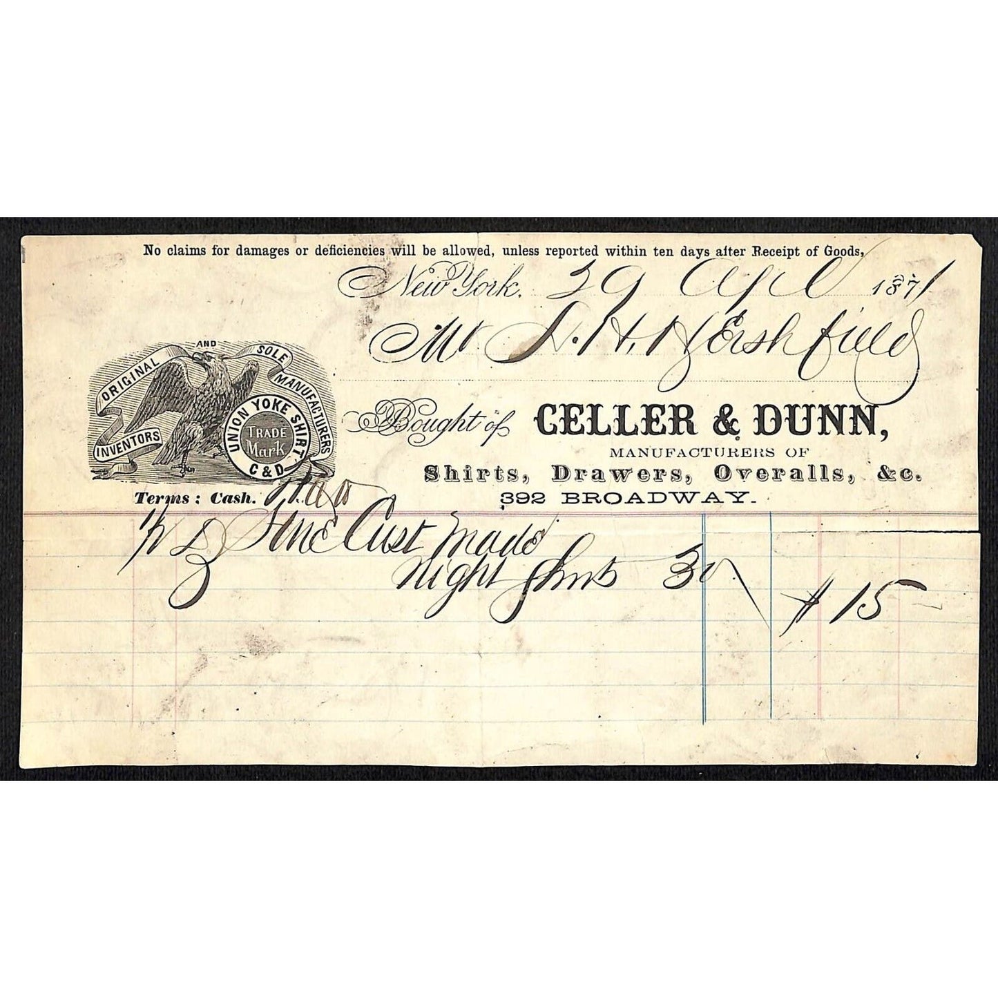 392 Broadway New York Celler & Dunn Shirts Drawers Overalls 1871 Billhead Scarce