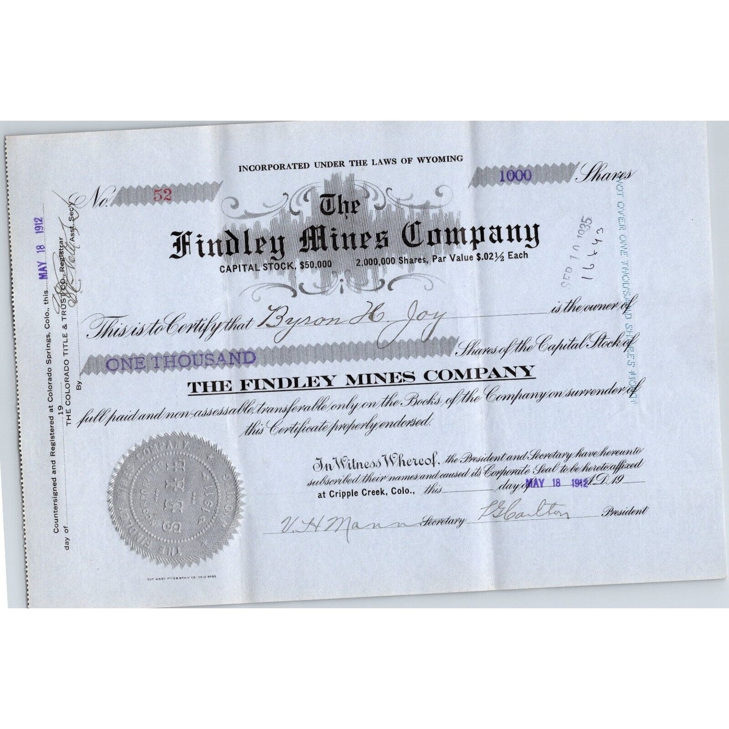 Findley Mines Company 1912 Stock Certificate Cripple Creek District #52