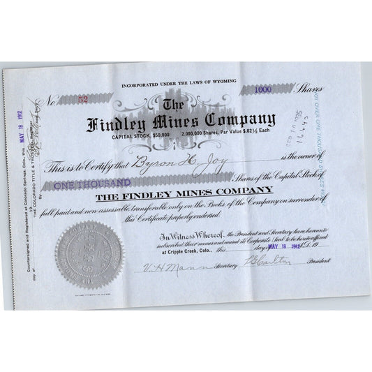 Findley Mines Company 1912 Stock Certificate Cripple Creek District #52