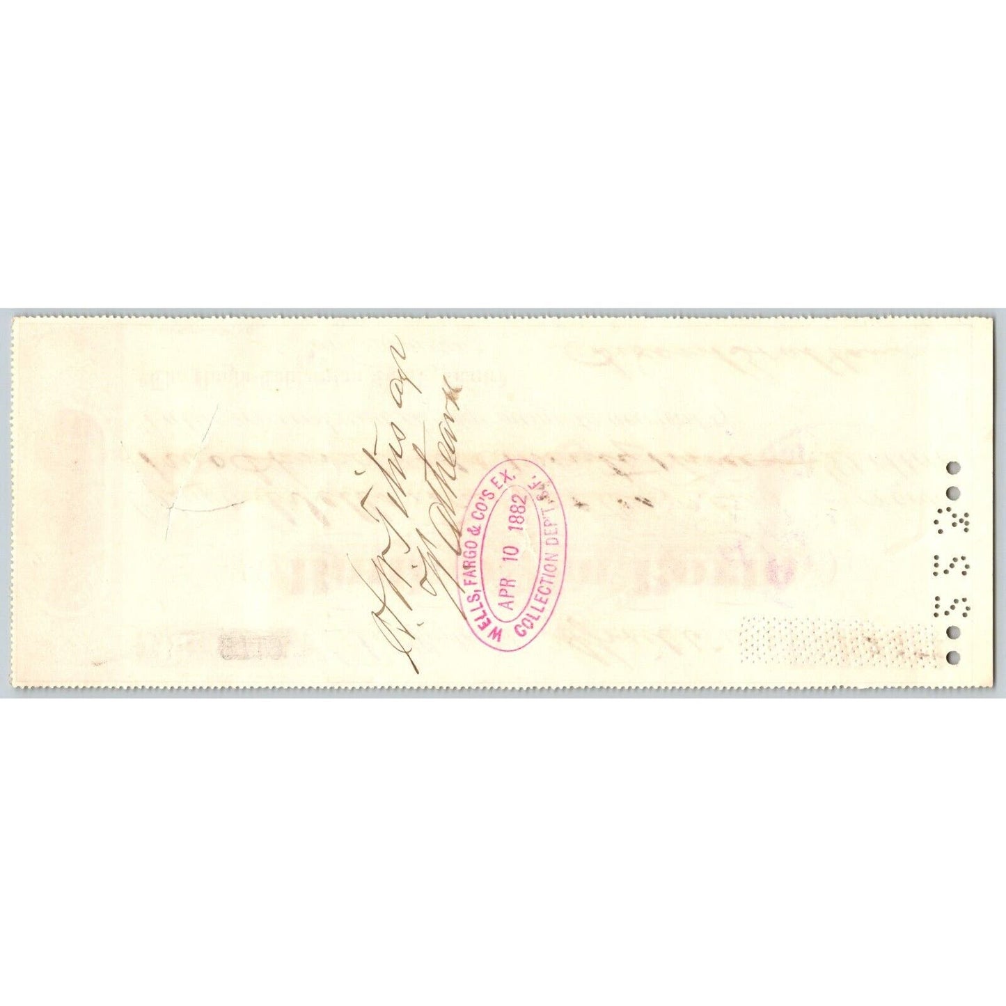 Bank of La Porte Check Wells Fargo 1882 Mining Vignette RN-G1 Rev Stamp #9719