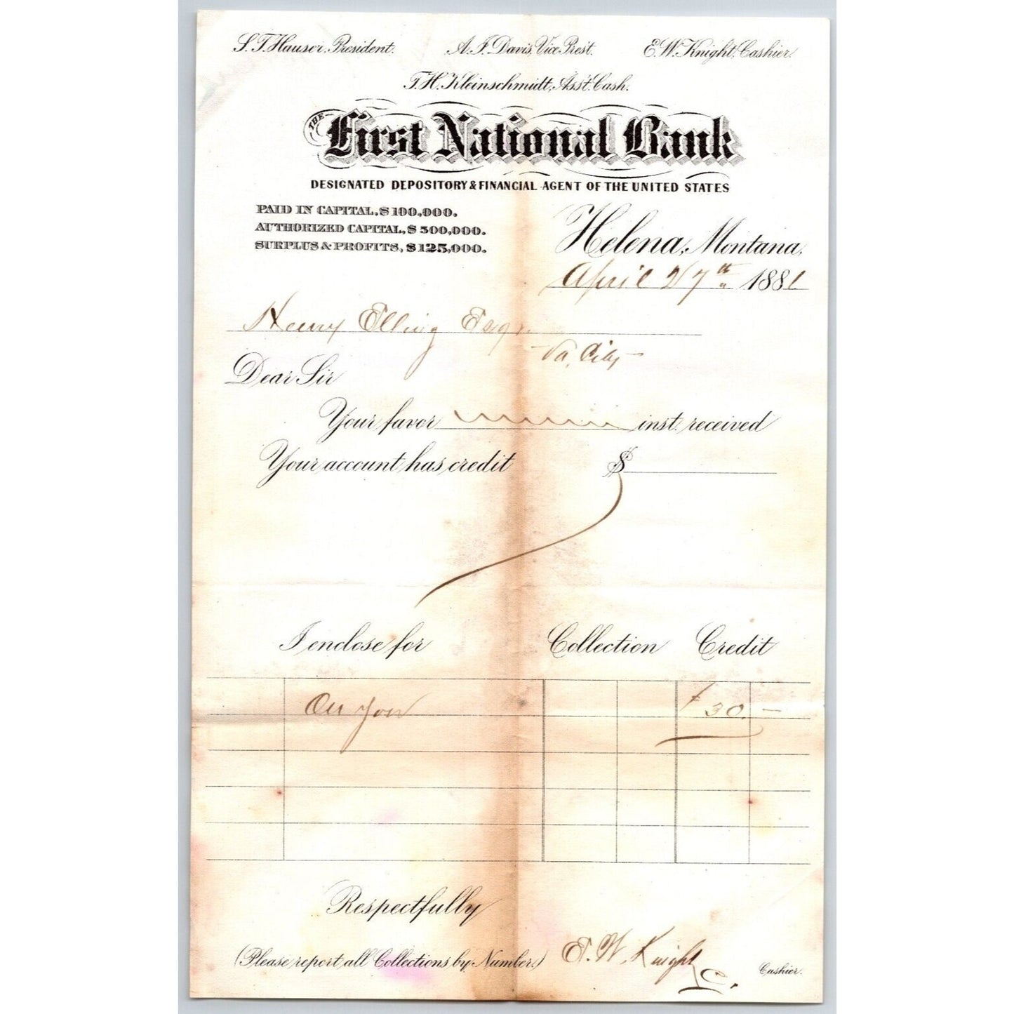 First National Bank Helena, MT 4/27 1881 Payment Advice Henry Elling*