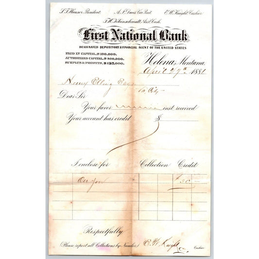 First National Bank Helena, MT 4/27 1881 Payment Advice Henry Elling*