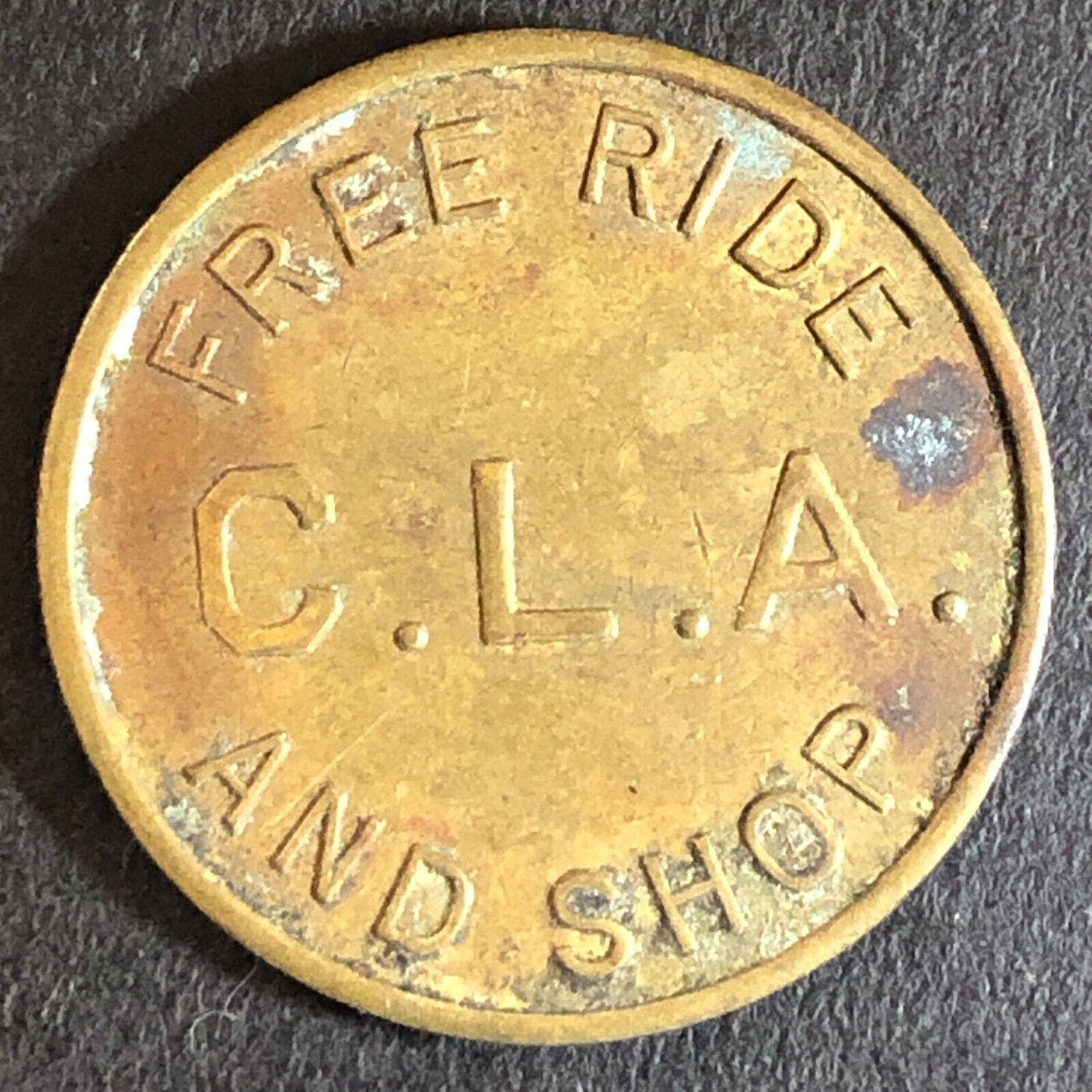 C.L.A. Free Ride and Shop Brass Transit Token 22mm Vintage (Lebanon, PA)