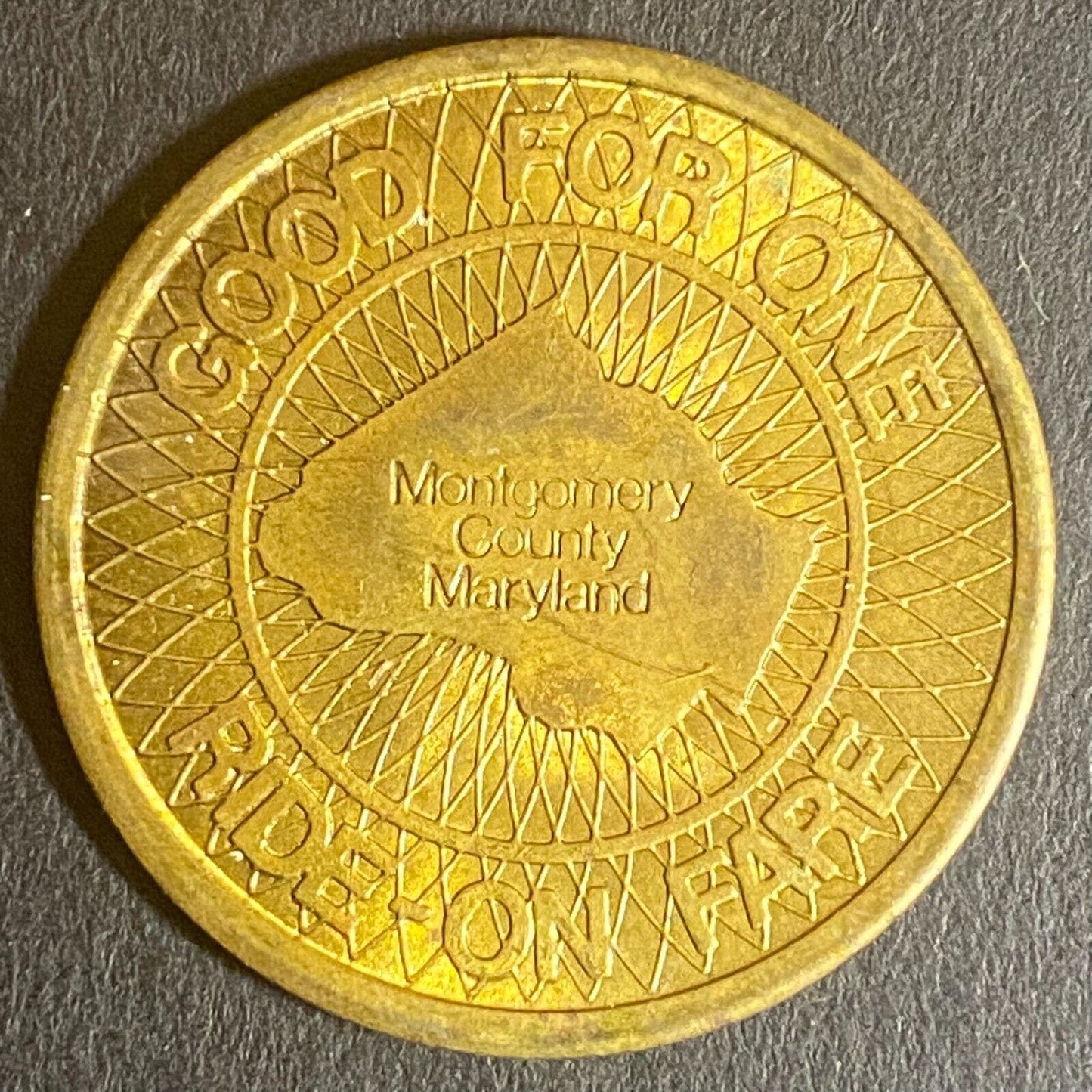 Montgomery County Maryland G/F One Ride-On Fare Brass Bus Transit Token 29mm