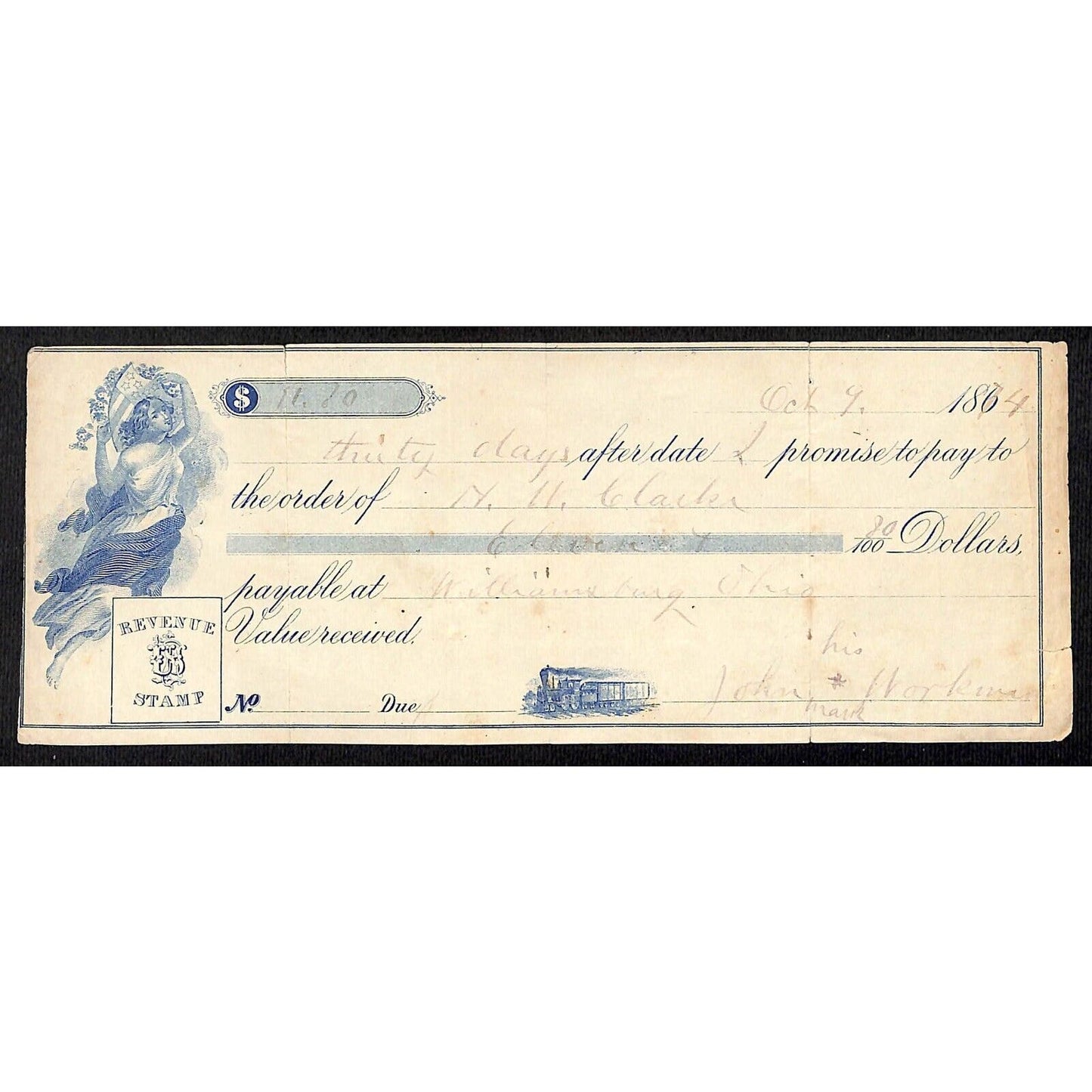 1874 30 Day Williamsburg, OH $11.70 Promissory Note w/ Small Railroad Vignette
