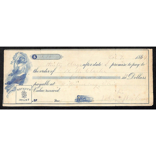 1874 30 Day Williamsburg, OH $11.70 Promissory Note w/ Small Railroad Vignette