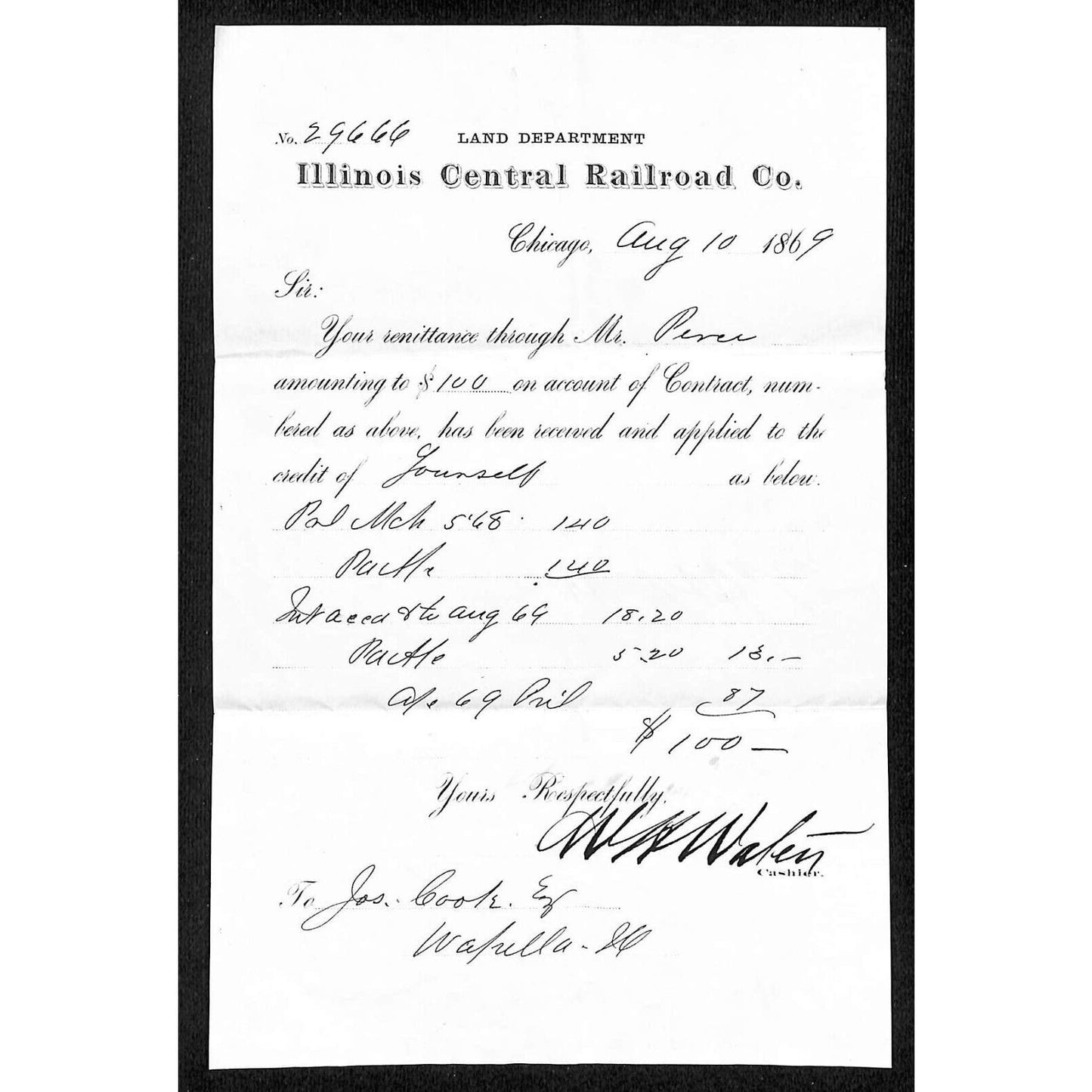 Illinois Central Railroad Land Department 1869 Billhead / Signed Receipt Scarce
