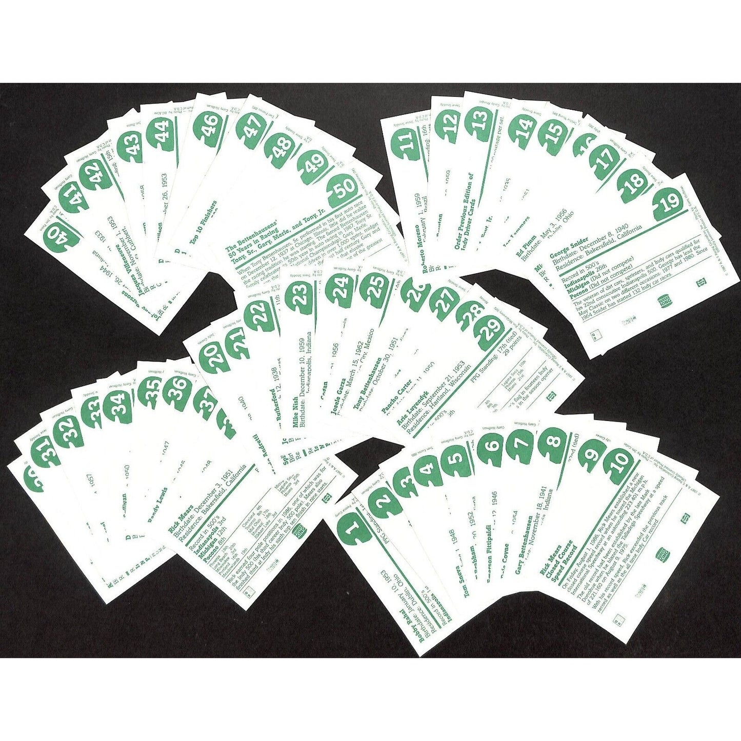 1987 PPG Indy Car World Series C.D.A. Complete Set of 50 Cards - No Box