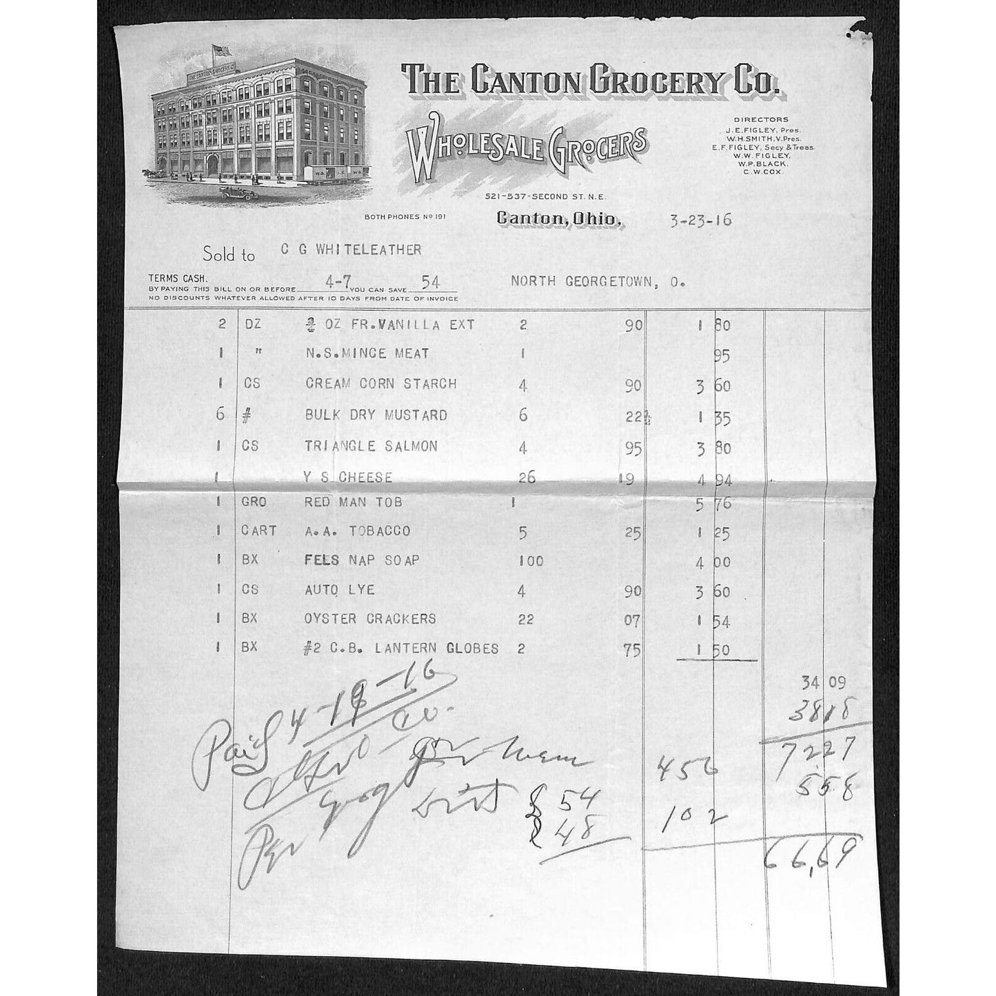 The Canton Grocery Co. 1916 Billhead Whiteleather* N. Georgetown OH