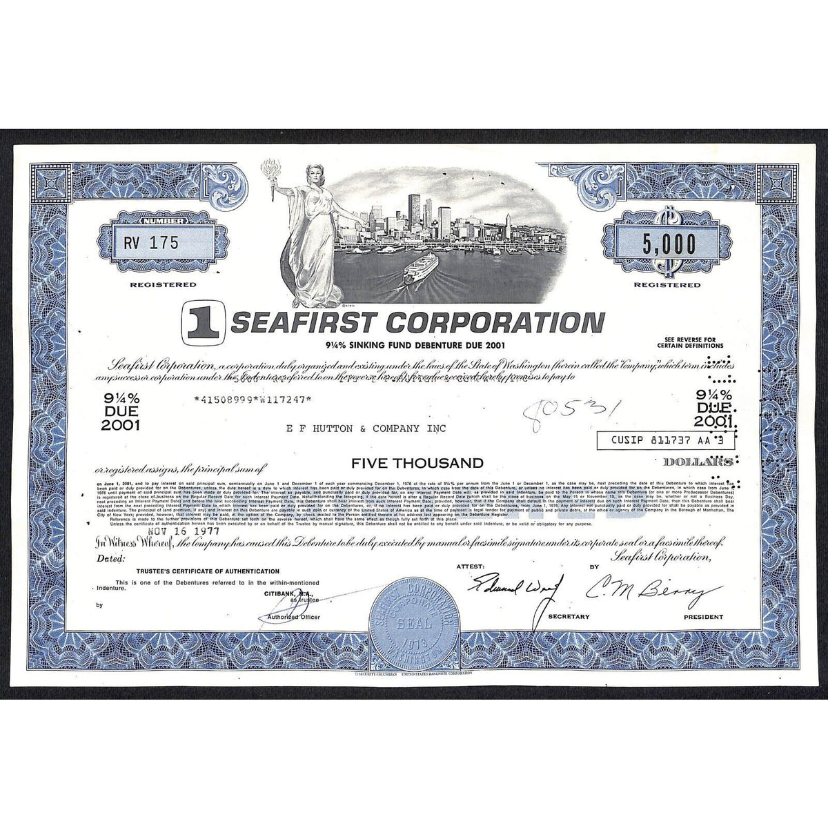 Seafirst Corp. Wisconsin 1977 Debenture Certificate City Skyline E.F. Hutton
