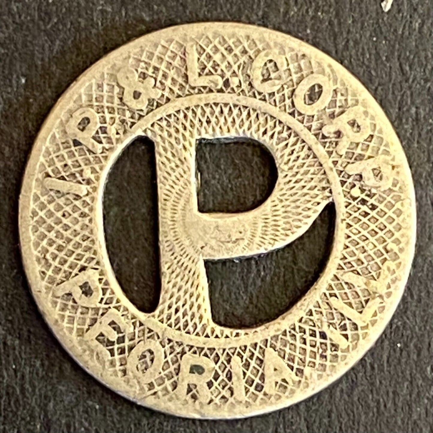 I. P. & L. Corp. Peoria, IL G/F One Fare Transit Token 16mm w/ Wear