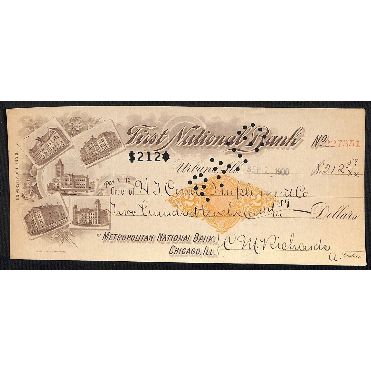 FNB Urbana, IL $212 1900 Bank Check Revenue Stamp w/ University Bldg. Vignettes