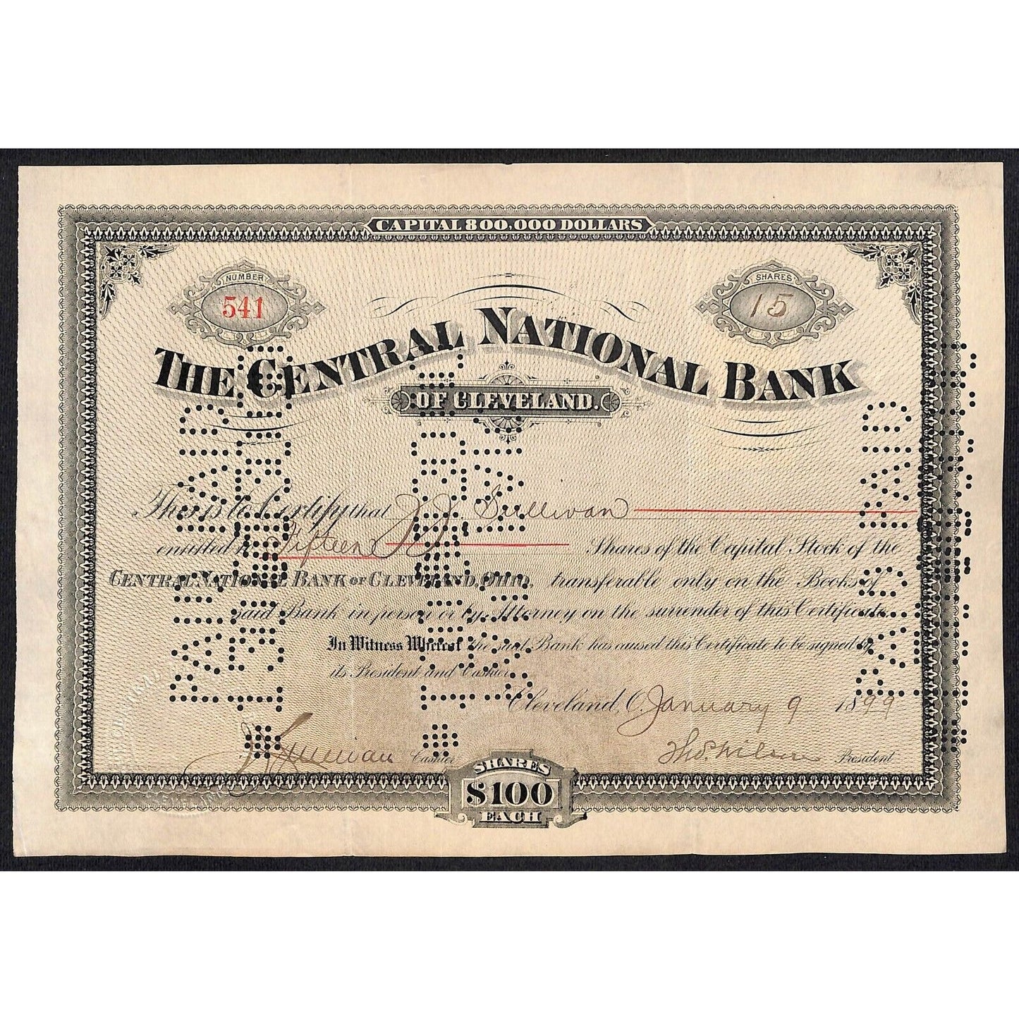 Central National Bank of Cleveland 1899 Stock Certificate J.J. Sullivan Scarce
