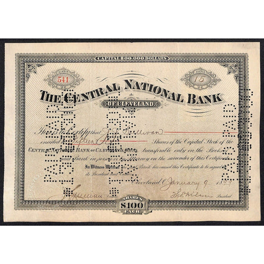 Central National Bank of Cleveland 1899 Stock Certificate J.J. Sullivan Scarce