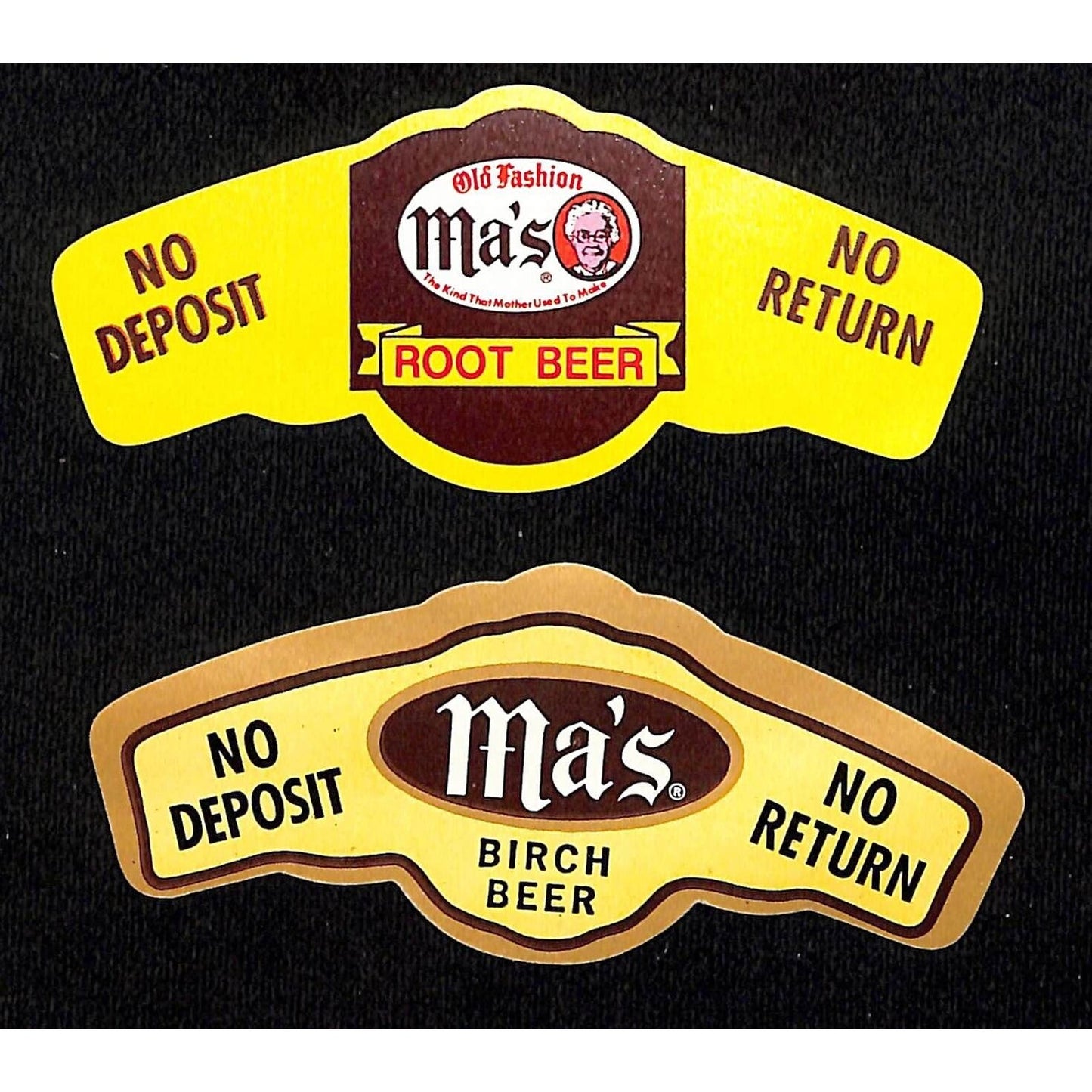 2 Ma's Root Beer Neck Paper Labels c1970's-80's