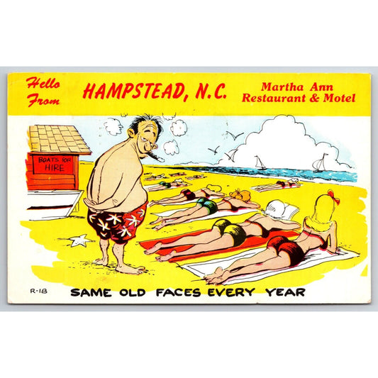 Beach Girlie Humor Postcard Hampstead, NC Martha Ann Inn PM 1964