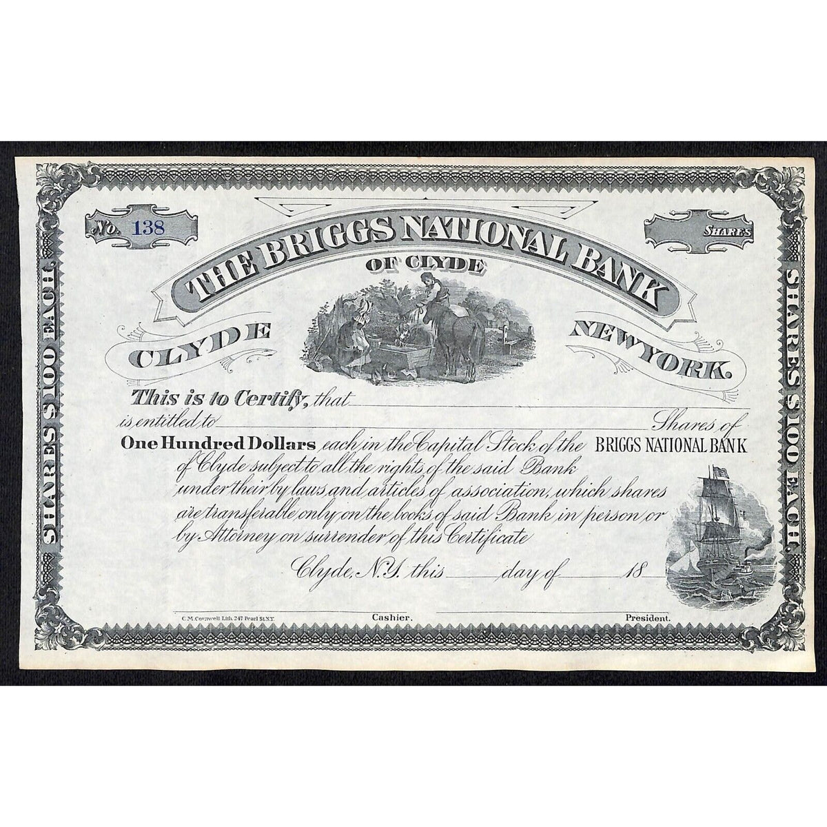 The Briggs National Bank of Clyde NY c1880* Stock Certificate Unissued #138