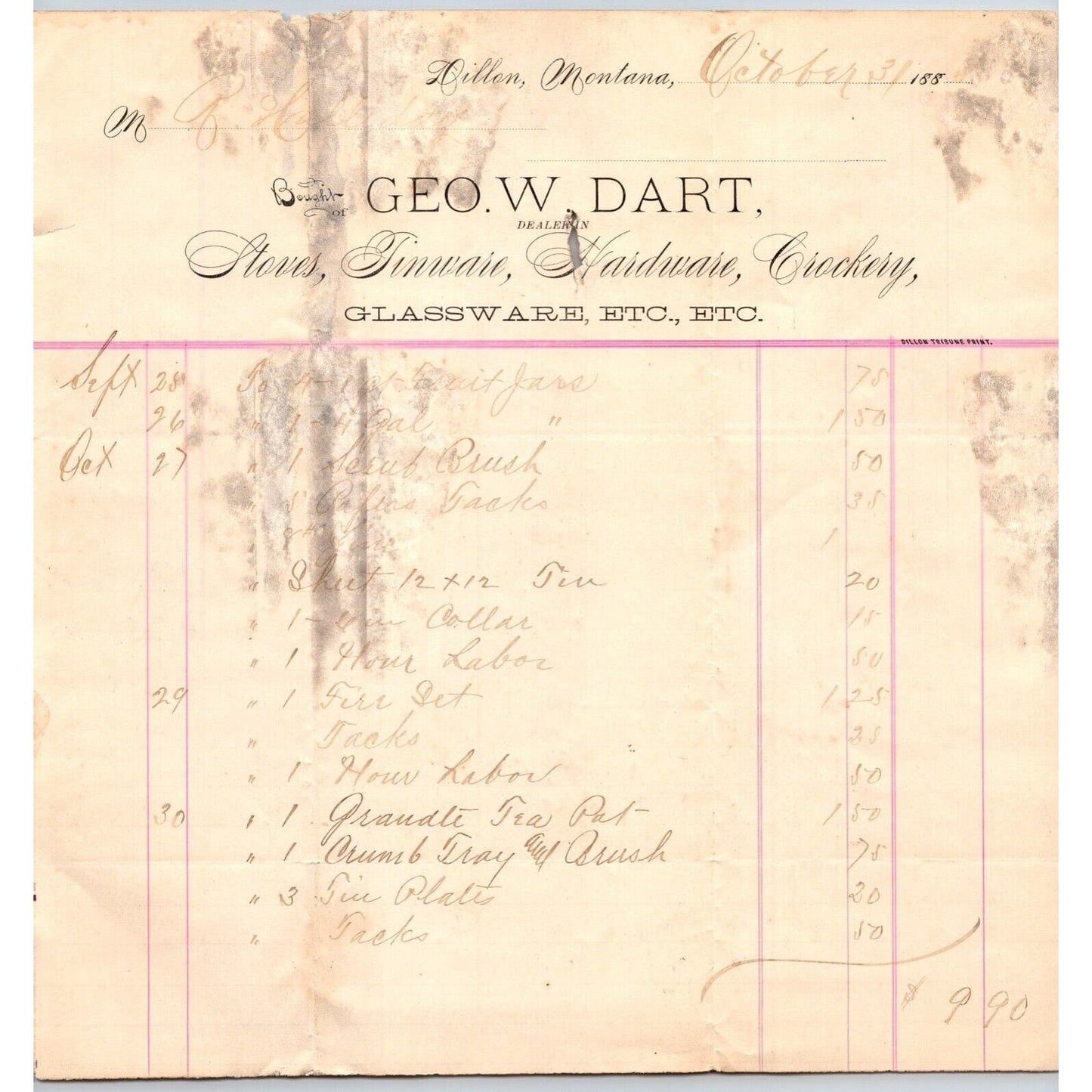 Dillon MT G.W. Dart Hardware Co. 1888 Billhead Crockery Glassware R.C. Halliday*