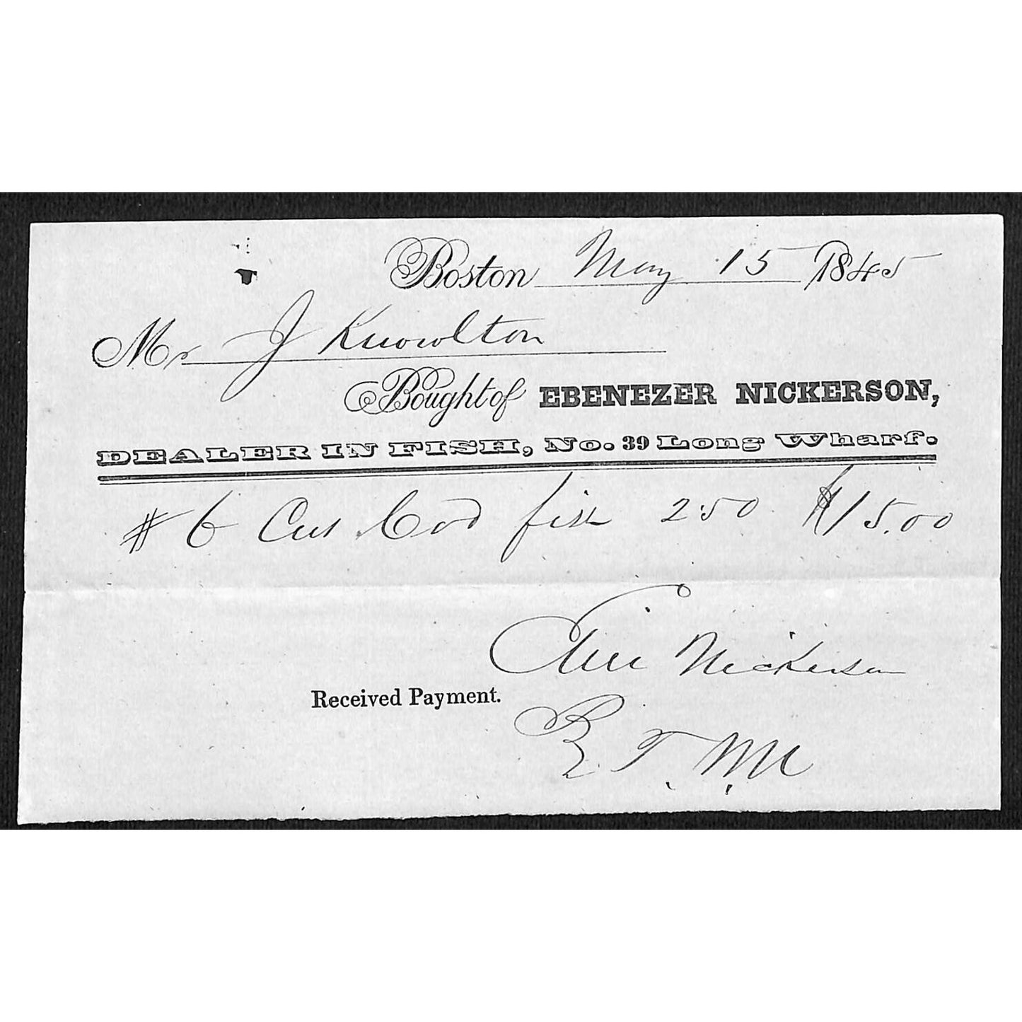 1845 Jabez Knowlton* Newburgh, ME Ebenezer Nickerson Fish Dealer Boston Billhead