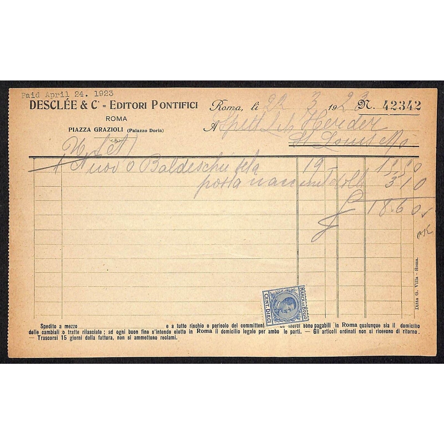 Desclée & Compagnie Rome Pontifical Publishers 3/22 1923 Billhead Tax Stamp