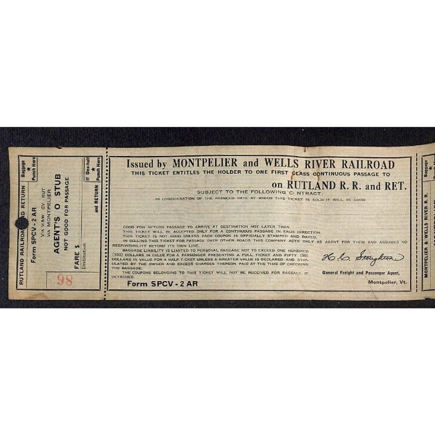 Montpelier and Wells River Railroad Unused First Class Ticket Scarce c1941 #86