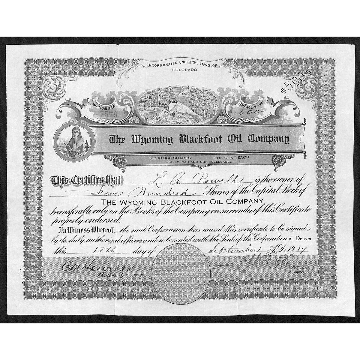 The Wyoming Blackfoot Oil Co. 1917 Stock Certificate Native American Vignette