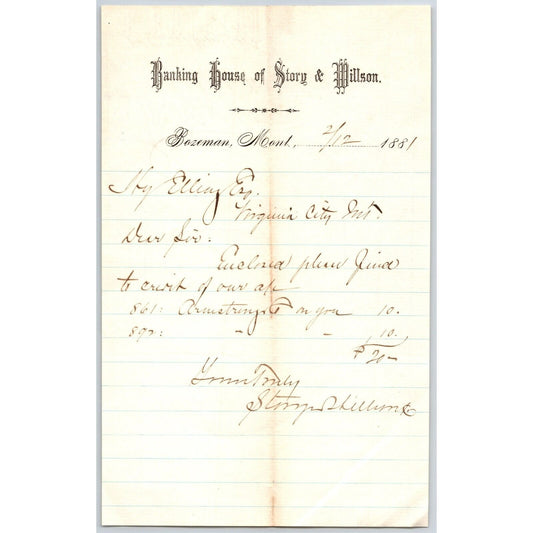 Banking House of Story & Nelson Bozeman, MT 2/12 1881 Letterhead Henry Elling*