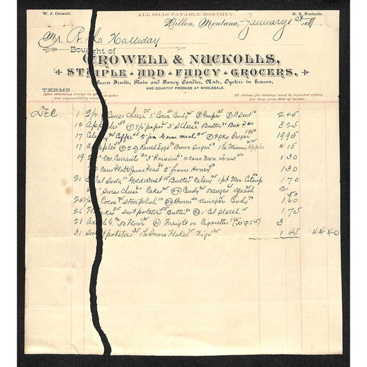 Dillon, MT Crowell & Nuckolls Staple Fancy Goods 1889 Billhead R.C. Halliday*