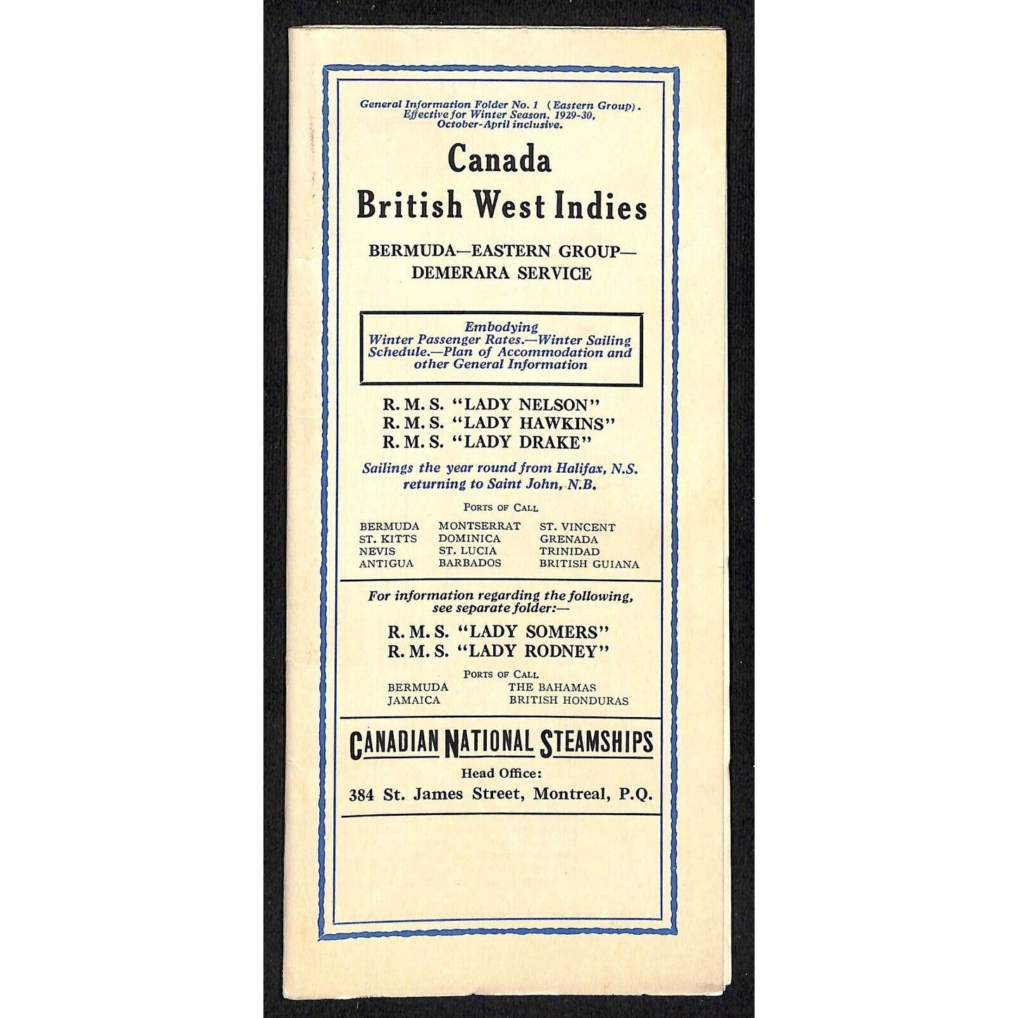 Canadian National Steamships 1929 British West Indies Brochure 17" x 23" VGC