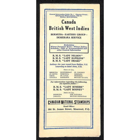 Canadian National Steamships 1929 British West Indies Brochure 17" x 23" VGC