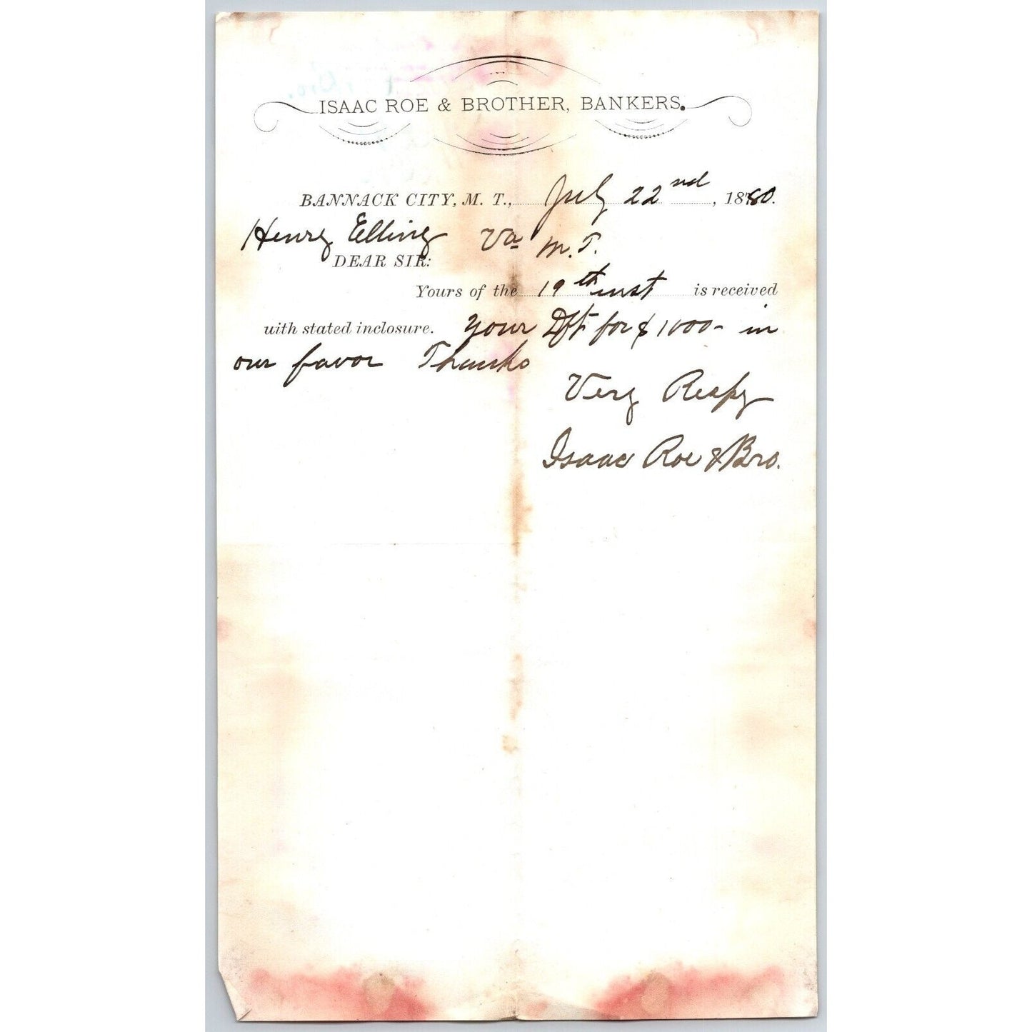 Isaac Roe & Brother, Bankers Bannack City MT 7/22 1880 Billhead to Henry Elling*