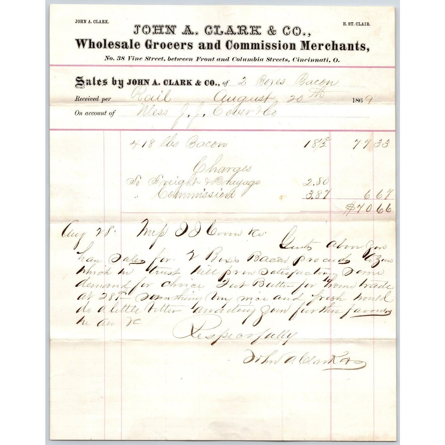 John A Clark & Co. Grocers Cincinnati 1869 Billhead w/ Note Scarce
