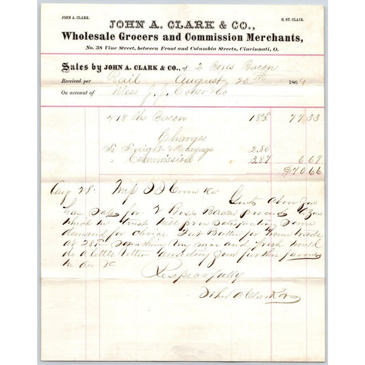 John A Clark & Co. Grocers Cincinnati 1869 Billhead w/ Note Scarce