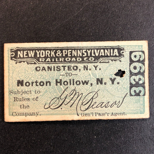 New York & Pennsylvania Railroad July 27 1917 Norton Hollow Ticket #3399 Scarce