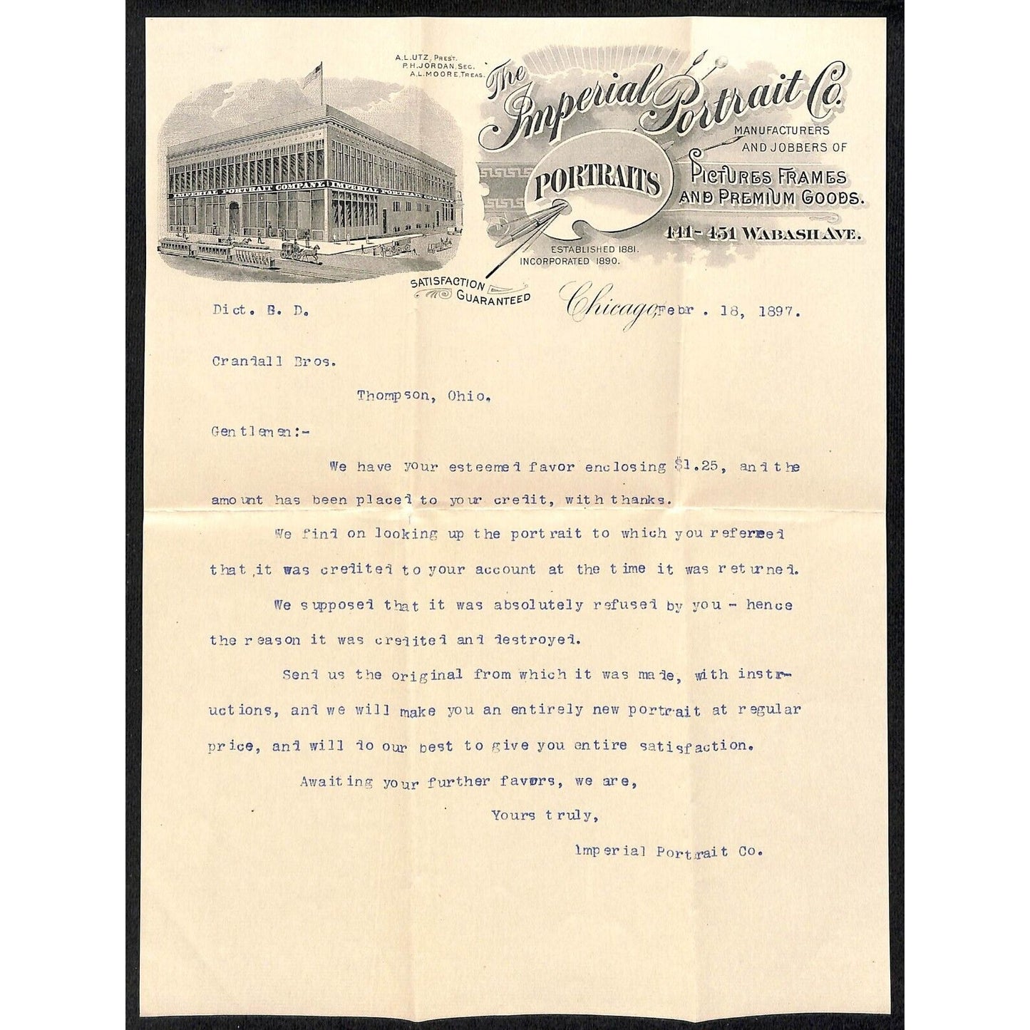 Imperial Portrait Co. Chicago 1897 Letterhead Vignette re: Returned & Destroyed