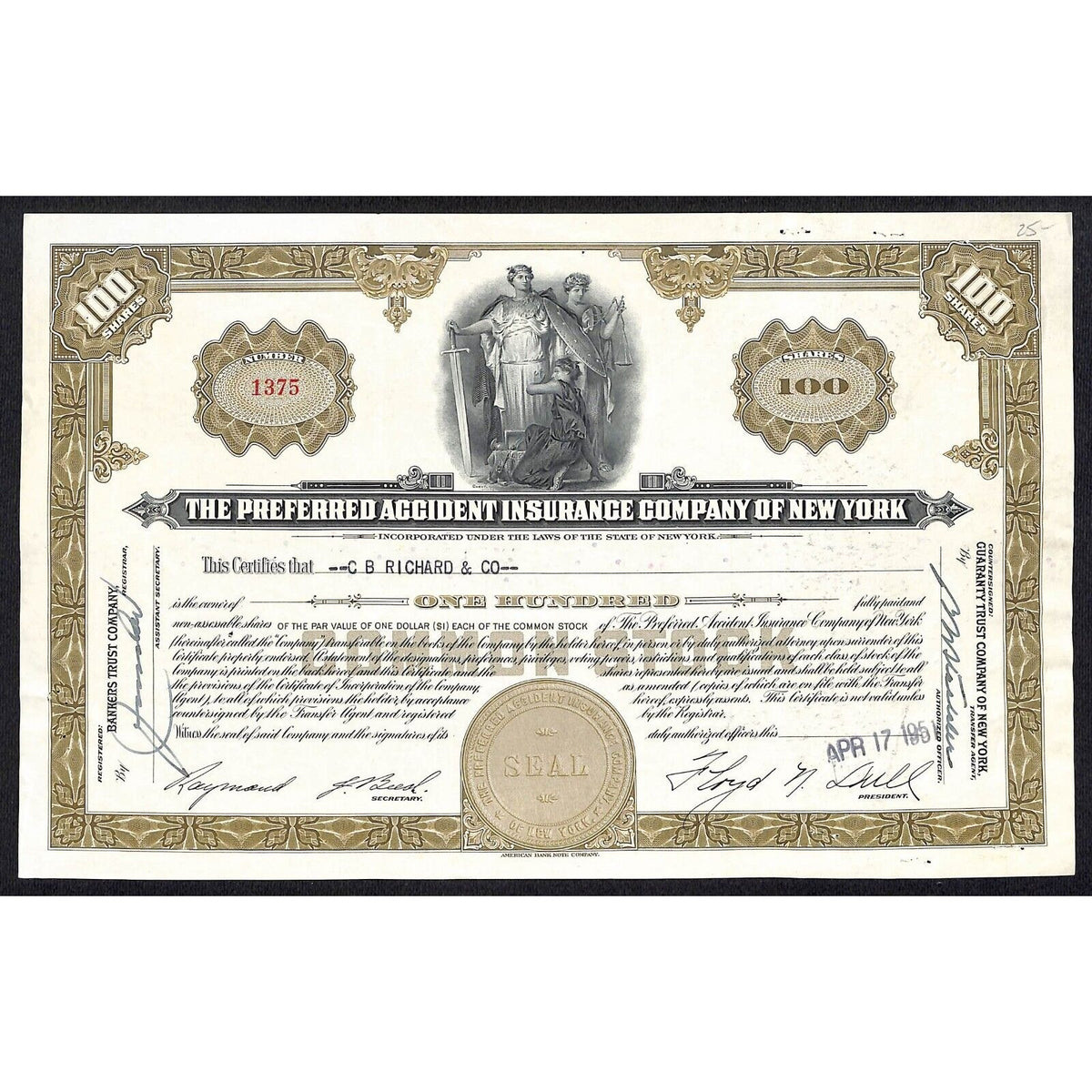 Preferred Accident Insurance Co. of New York 1951 Stock Certificate C.B. Richard