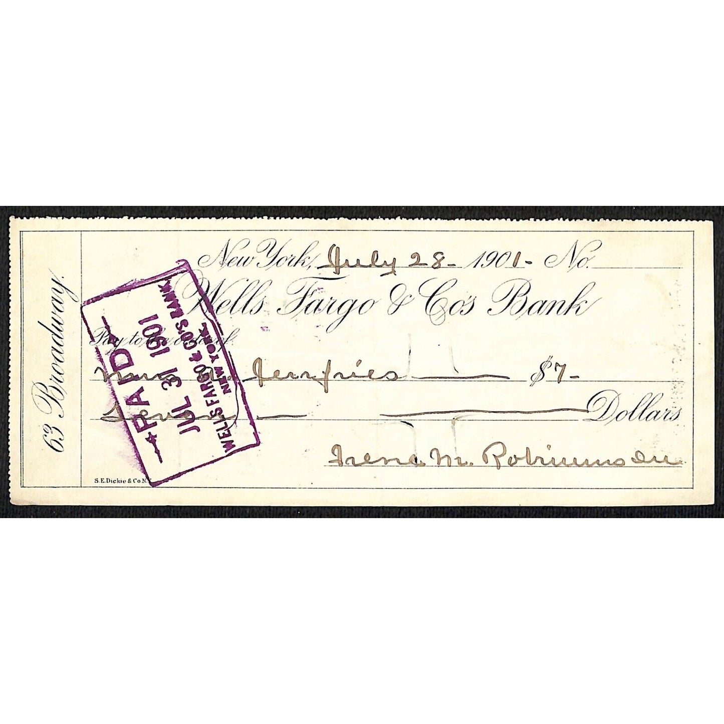 1901 Wells Fargo & Co Bank 63 Broadway NYC Check to A. Jefferies $7